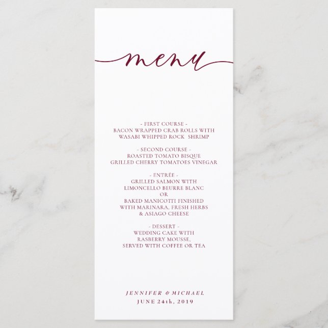 Menu Janto de Casamento Simples de Script Branco Burgun (Frente)