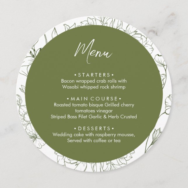 Menu Janto de Casamento Verde da Elegante Floral Botâni (Frente)