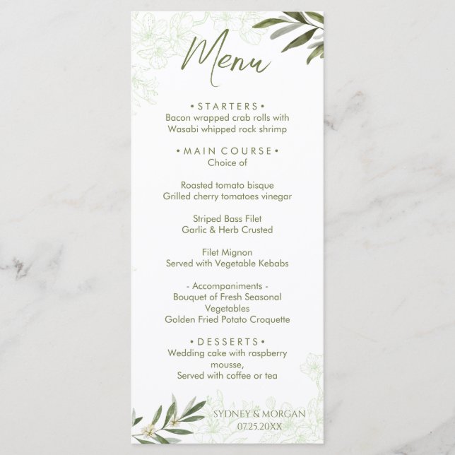 Menu Janto de Casamento Verde da Elegante Floral Botâni (Frente)