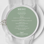 Menu Janto de Casamento Verde da Sage Elegante Simples<br><div class="desc">Um cartão de menu redondo jantado em verde-sábio (ou qualquer cor) e a letra chic em branco mostra as opções de menu. Perfeito para uma recepção de casamento moderna, janto de ensaio de casamento, festa de aniversário ou qualquer evento especial com um janto sentado. Escolha QUALQUER FUNDO DE COR, qualquer...</div>