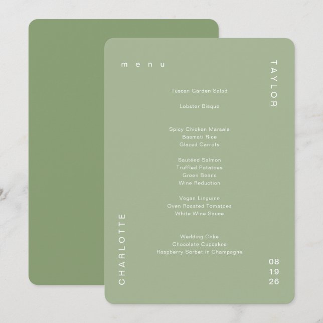 Menu Janto de Casamento Verde de Sage Simples (Frente/Verso)
