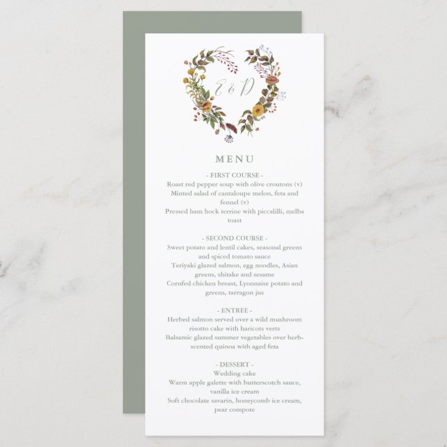 Menu Janto de Casamento Verde Rustic Floral Sage (Frente/Verso)