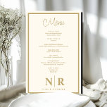 Menu Janto de ensaio personalizado do monograma de<br><div class="desc">Apresentando nosso Menu de Janto de ensaio personalizado sobre monograma de casamento, branco e Dourado, uma fusão sublime de elegância e personalização, perfeita para sua celebração especial. Feito com atenção aos detalhes, esses menus elevam seu janto de ensaio com um toque de sofisticação e charme. Adaptados ao seu estilo único,...</div>