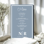 Menu Janto de ensaio personalizado do monograma de<br><div class="desc">Elevem seu janto de ensaio com nosso Menu de Janto de ensaio personalizado do Monograma de Casamento Azul e Branco Dusty, onde cada detalhe desperta elegância e charme. Adaptados à perfeição, esses menus de janto personalizados são o epítome da sofisticação, estabelecendo o palco para uma experiência culinária memorável. Criados em...</div>