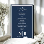 Menu Janto de ensaio personalizado do monograma de<br><div class="desc">Apresentando nosso Marinho, Menu de Janto de ensaio personalizado do Monograma de Casamento Azul e Branco - a combinação perfeita de elegância e personalização para suas festividades pré-casamento. Elevem seu janto de ensaio, festa de noivado ou recepção de casamento com um toque de sofisticação que deixa uma impressão duradoura sobre...</div>