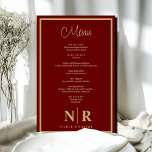Menu Janto de ensaio personalizado do monograma de<br><div class="desc">Elevem seu janto de ensaio a uma obra-prima culinária com nosso menu de Janto personalizado do Monograma de Casamento Vermelho e Dourado. Este cardápio requintado não apenas tantaliza as papilas gustativas, mas também adiciona um toque de elegância às celebrações pré-casamento. Criado com sofisticação em mente, nosso menu personalizado de janto...</div>