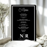Menu Janto de ensaio personalizado do monograma de<br><div class="desc">Jante em estilo com nosso Menu de Janto de ensaio personalizado do Monograma de Casamento Negro e Branco, a combinação perfeita de elegância e personalização para seu evento especial. Criados com atenção meticulosa aos detalhes, esses menus personalizados adicionam um toque de sofisticação ao seu janto de ensaio, festa de noivado...</div>