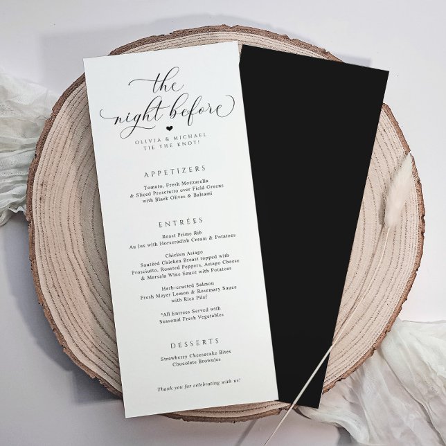 Menu Janto de Ensaios de Casamento de Caligrafia Elegan (Rehearsal dinner menus with elegant luxury calligraphy script. The night before menus)