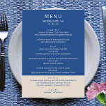 Menu Janto de Ensaios Modernos sobre Casamento de Marse<br><div class="desc">Estes menus de casamento personalizados de Marselha Bleu irão colocar o palco culinário para a sua celebração, do janto de ensaio à recepção de casamento. A paleta de cores azul e náutica, de dois tons, se dá a qualquer estação, do outono ou inverno ao primavera e verão, enquanto a design...</div>