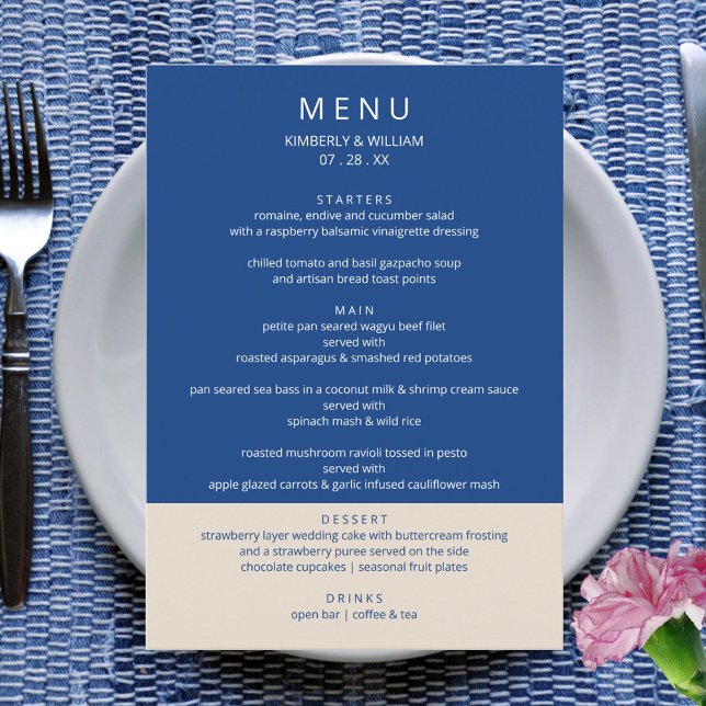 Menu Janto de Ensaios Modernos sobre Casamento de Marse (Marseille Bleu Modern Wedding Menu - Custom Rehearsal Dinner Wedding Reception Menu Card )