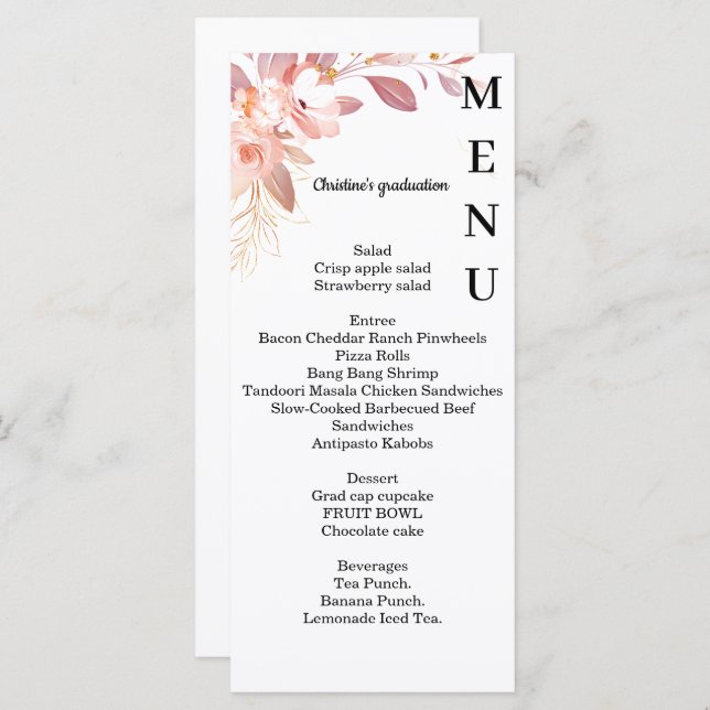 menu janto de graduação floral minimalista, (Frente/Verso)