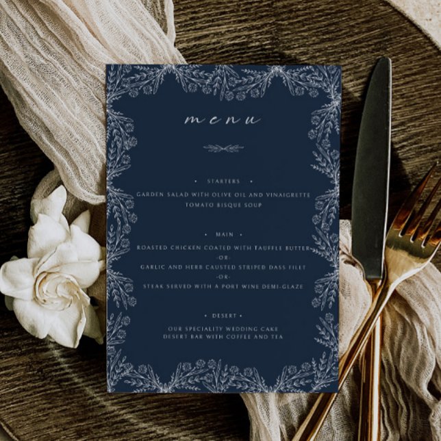 Menu Janto de Mesa Azul de Marinho Floral Elegante (Criador carregado)