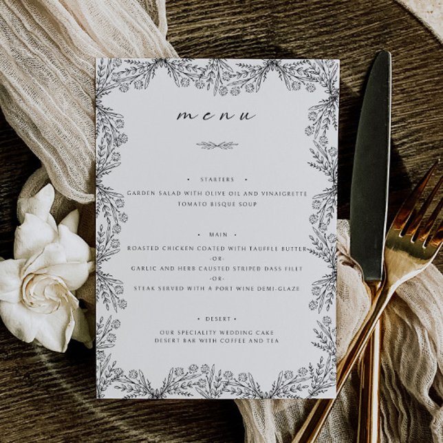 Menu Janto de Mesa de Casamento Branco e Preto Floral E (Criador carregado)