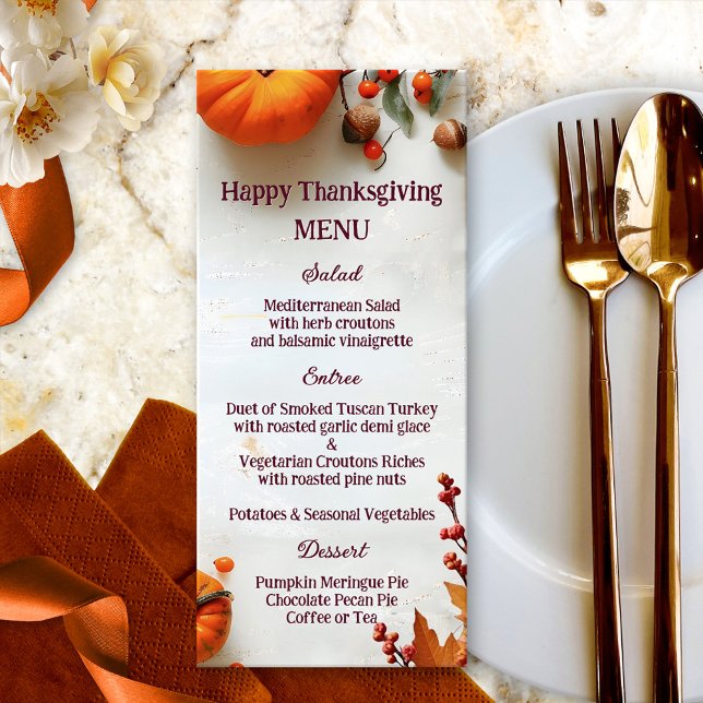 Menu Janto de Queda de Ação de Graças Rustic Pumpkin (Thanksgiving dinner menu featuring a rustic whimsical design with colorful fall leaves and pumpkins)