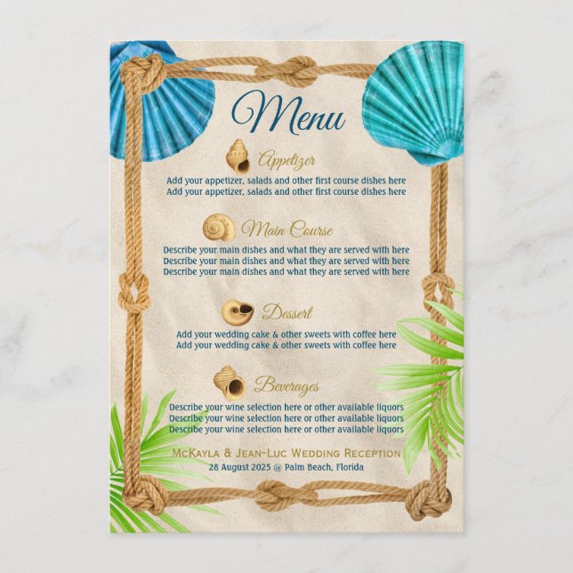 Menu Janto de Recepção de Casamento de Praia Palm de Se (Frente)