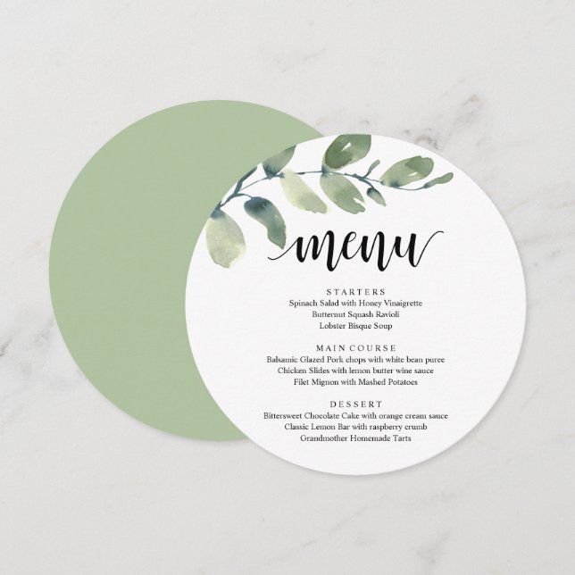 Menu Janto de recepções de casamento, Eucalyptus Greene (Frente/Verso)