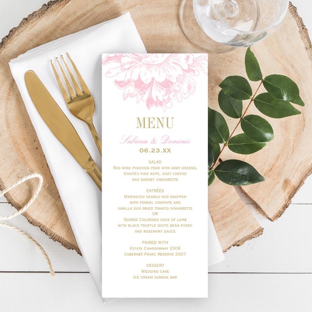 Menu Janto Dourado Elegante de Casamento Floral de Peôn (Criador carregado)