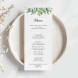 Menu Janto Elegante de Caligrafia Verde Tropical<br><div class="desc">Este elegante cartão de janto de caligrafia verde tropical é perfeito para um casamento moderno. Esta design desenhada à mão apresenta uma aquarela com lindas folhas verdes. Este menu pode ser usado para recepção de casamento,  janto de ensaio,  chá de panela ou qualquer evento.</div>
