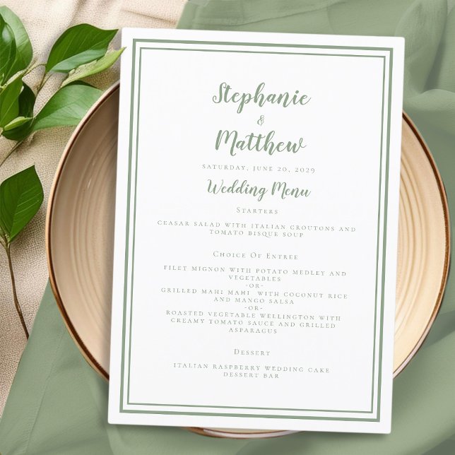 Menu Janto Elegante de Casamento Branco Verde Simple Sa (Simple Sage Green White Wedding Elegant Dinner Menu)