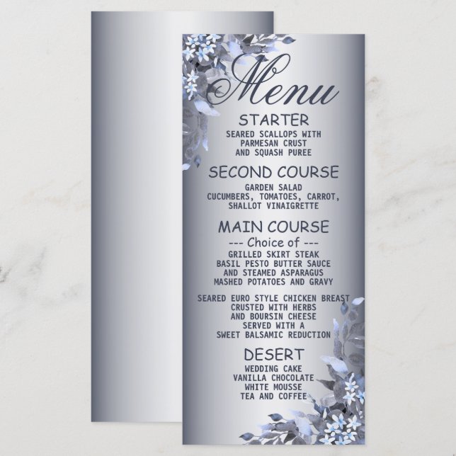 Menu Janto festa de casamento Blue Floral Silver (Frente/Verso)