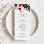 Menu Janto Floral do Marinho Rosa Turvo<br><div class="desc">Este cartão de cardápio de janto floral cor-de-rosa-arrojado é perfeito para um casamento rústico. O design apresenta cor-de-água rosa, pincel, marinho, colheres azuis e burgundy, rosas com folhagem verde que se juntam perfeitamente em buquês elegantes. Este menu pode ser usado para recepção de casamento, janto de ensaio, chá de panela...</div>