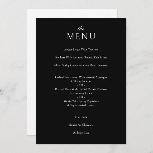 Menu Janto Formal de Casamento Negro Clássico Elegante (Frente/Verso)