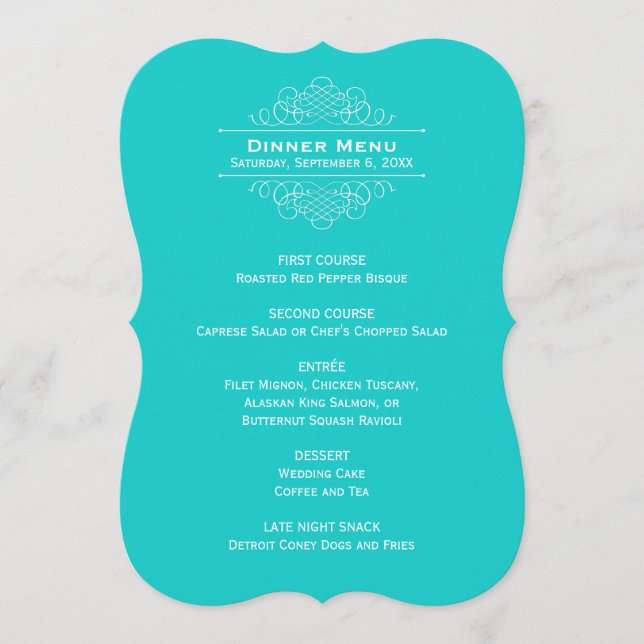 Menu Janto Monograma de Casamento Azul Turquesa Elegant (Frente)
