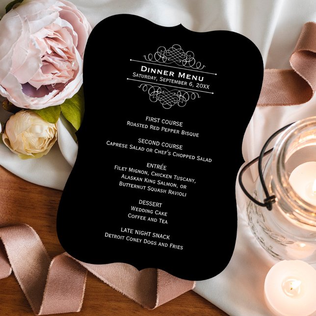 Menu Janto Monograma Elegante de Casamento Negro e Bran (Criador carregado)