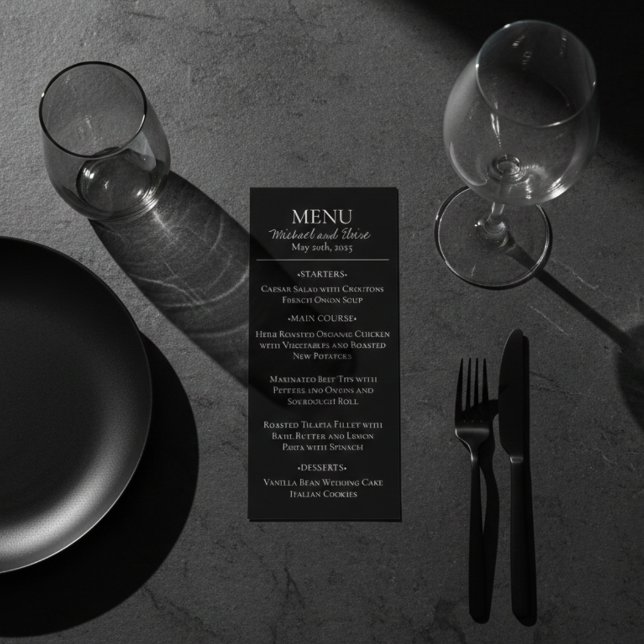 Menu Janto Negra e Branca do Elegante Moderno (Modern Black Formal Wedding Menu)