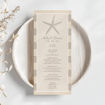 Menu Janto Neutral Beige Starfish<br><div class="desc">O cartão do cardápio "Shoreline Chic" apresenta uma ilustração estelar, monograma e texto personalizados, faixas de na moda e bege neutro, areia e cores escuras. Estilo simples e elegante, perfeito para um destino de casamento à beira-mar.</div>