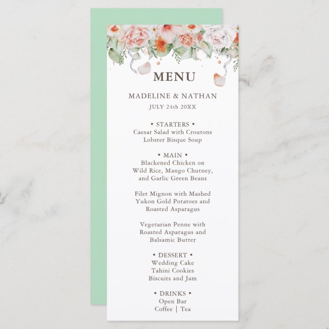 Menu Janto Peach e White Floral Weding (Frente/Verso)