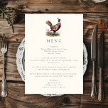 Menu Janto Russo Elegante de Caça a Pheasant<br><div class="desc">Cartaz de janto temático de caça com ilustração faisão e tipografia elegante,  fundo verde-oliva escuro e texto personalizado. Perfeito para um janto do país,  janto elegante de ensaio de casamento,  janto de caça,  festa de aposentadoria de caça ou festa de aniversário de caça.</div>