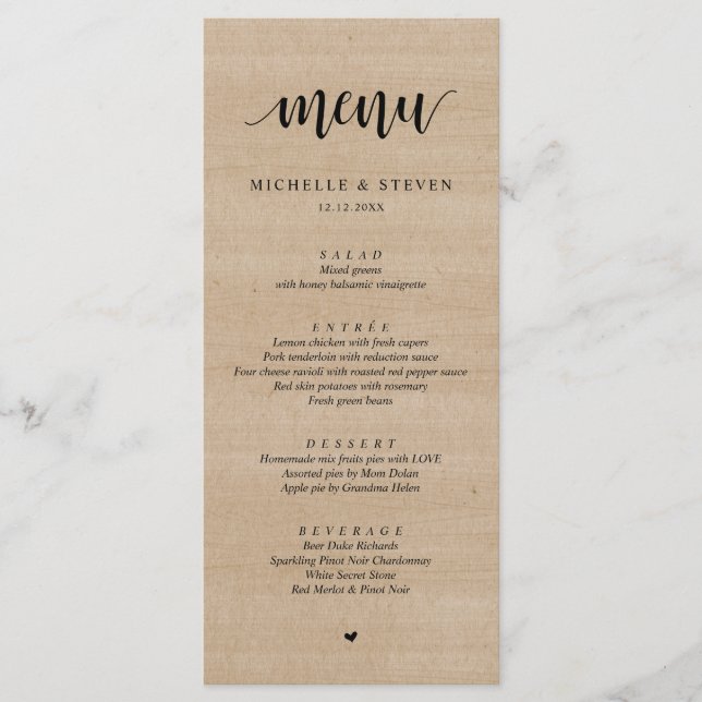 Menu Janto Rustic Brown Wood Elopement (Frente)