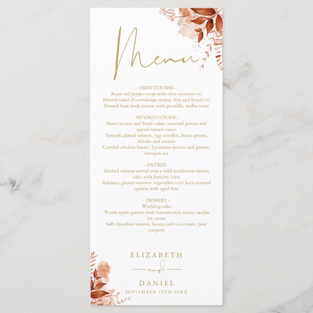 Menu Janto Rustic Floral Autumn Fall Dourado Wedding (Frente)