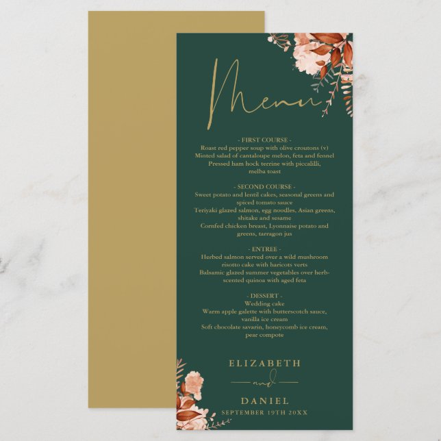 Menu Janto Rustic Floral Emerald E Casamento Dourado (Frente/Verso)