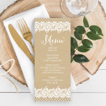 Menu Janto Rustic Kraft e Lace Wedding<br><div class="desc">Os cartões de menu de casamento contêm o "Menu" na escrita,  um charmoso design de borda ilustrado de rendas brancas florais e pontilhadas,  e um fundo com uma aparência texturizada de papel kraft castanho rústico.</div>