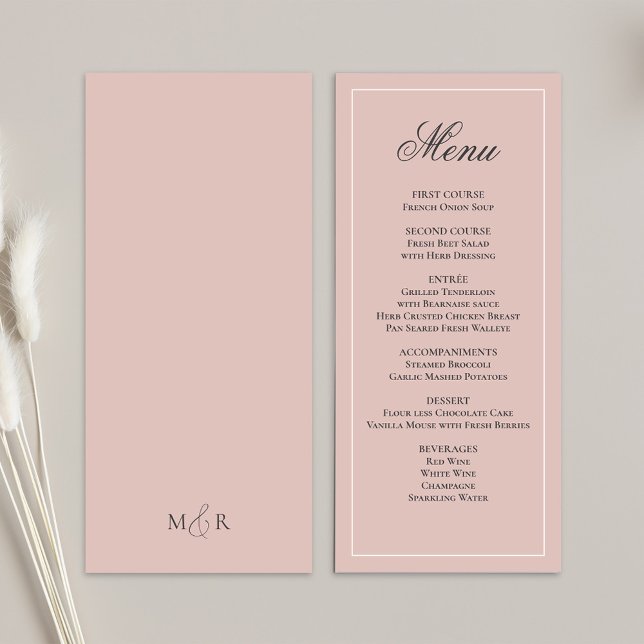 Menu Janto Script de Casamento Cor-de-Rosa Esmaeci (Blush pink wedding menu card template. )