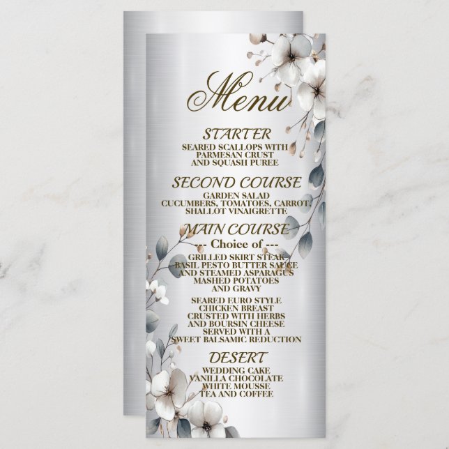 Menu Janto Silver de Quadro do Ouro de Flor Branco da A (Frente/Verso)