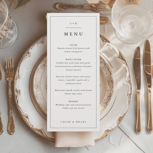 Menu Janto Simples de Casamento Preto e Branco (Simple Monogram Wedding Menu.)