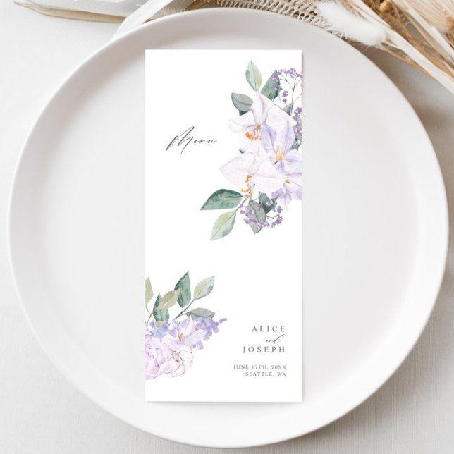 Menu Janto Simples Elegante Lilac Watercolor Casamento (Simple Elegant Lilac Watercolor Wedding Dinner Menu)