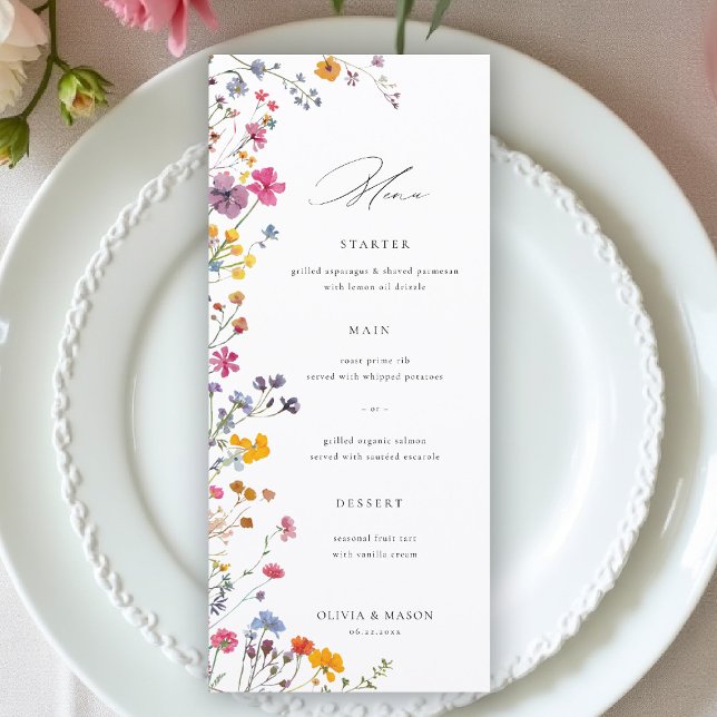 Menu Jardim de Flores Silvestres Casamento Floral Moder (wildflower wedding menu watercolor garden backyard barn summer spring elegant trendy stylisyh)