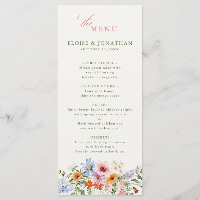 Menu Jardim de Primavera de Flores Silvestres Casamento (Frente)