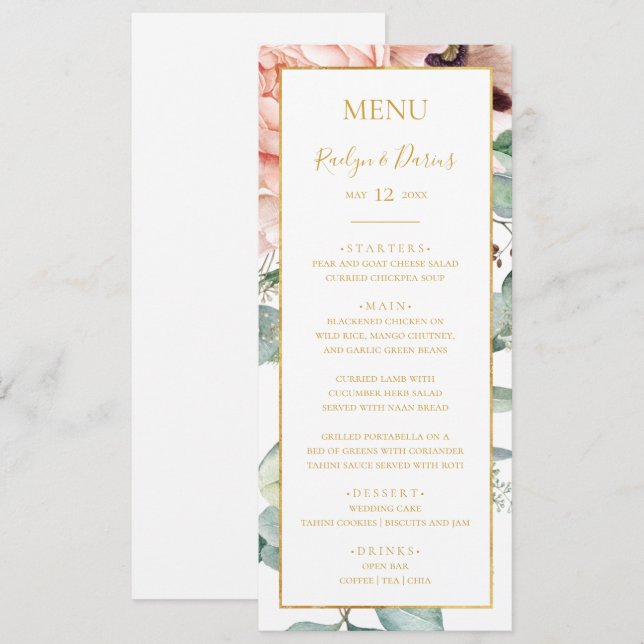Menu Jardim Floral Elegante Blush | Janta de casamento (Frente/Verso)