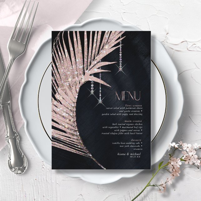 Menu Jewel Palm Leaf Wedding Rosa Dourado/Marinho ID830 (Criador carregado)