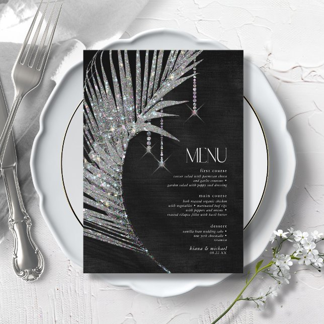 Menu Jewel Palm Leaf Wedding Silver ID830 (Criador carregado)