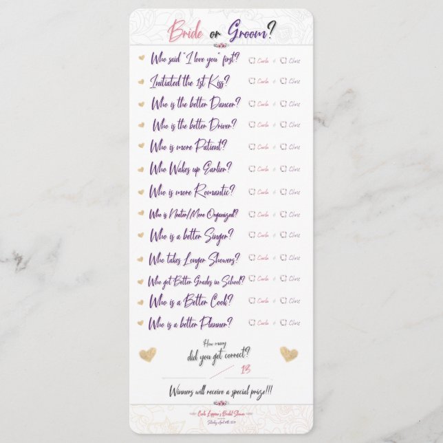 Menu Jogo 1/3 do chá de panela de Carla - "noiva ou (Frente)