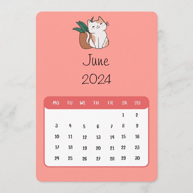 Menu Junho De 2024 Fique Sozinho No Calendário De Gato  (Frente)