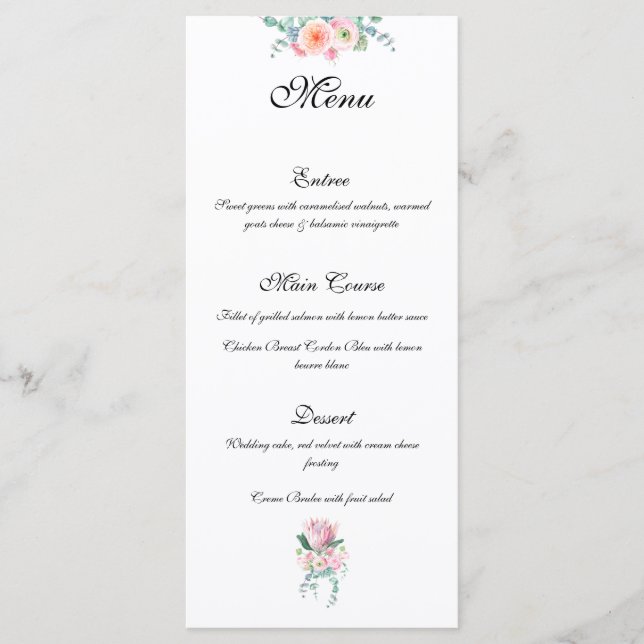 Menu King Protea Rose Watercolor Pastel Elegant Wedding (Frente)
