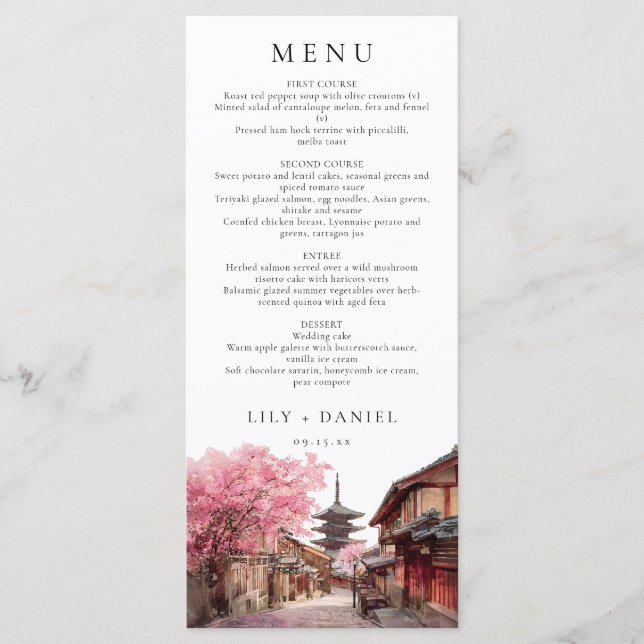 Menu Kyoto Japan Watercolor Elegant Wedding (Frente)