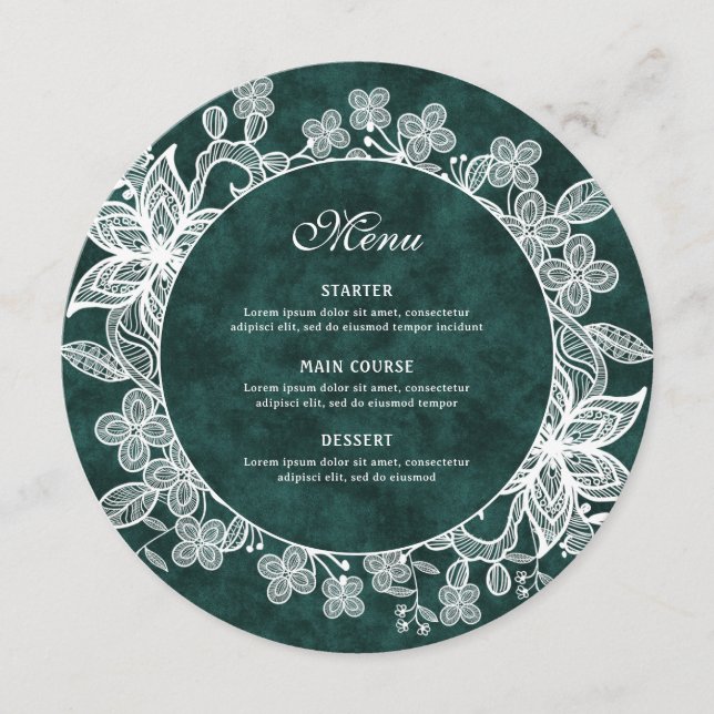 Menu Lace branco no Emerald Green Faux Velvet Round (Frente)